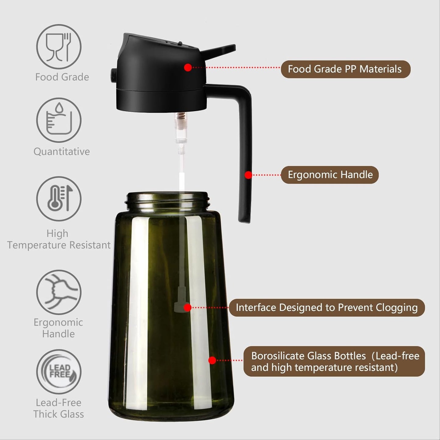 2 in 1 Olive Oil Dispenser and Oil Sprayer – 16oz/470ml Glass Light-Proof