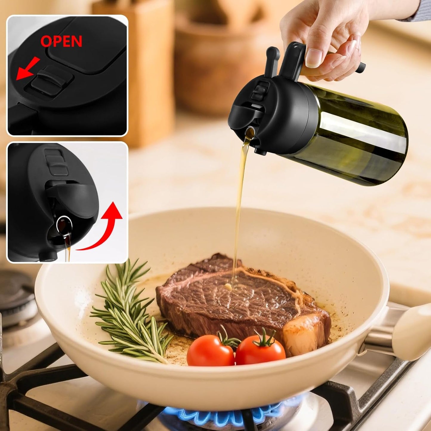 2 in 1 Olive Oil Dispenser and Oil Sprayer – 16oz/470ml Glass Light-Proof